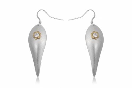 Silver Silk Finish Leaves With Gold And Clear Crystal Flower Earrings